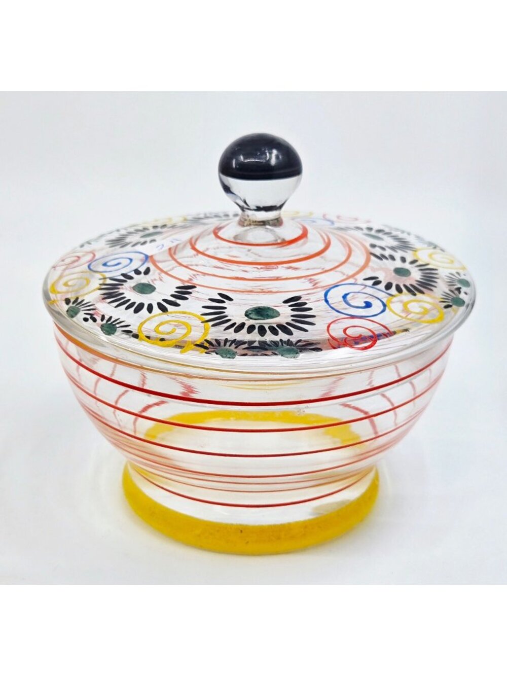 Whimsical Colorful Art Deco Czech Glass Candy Dish, w/ Handpainted Florals, Stri